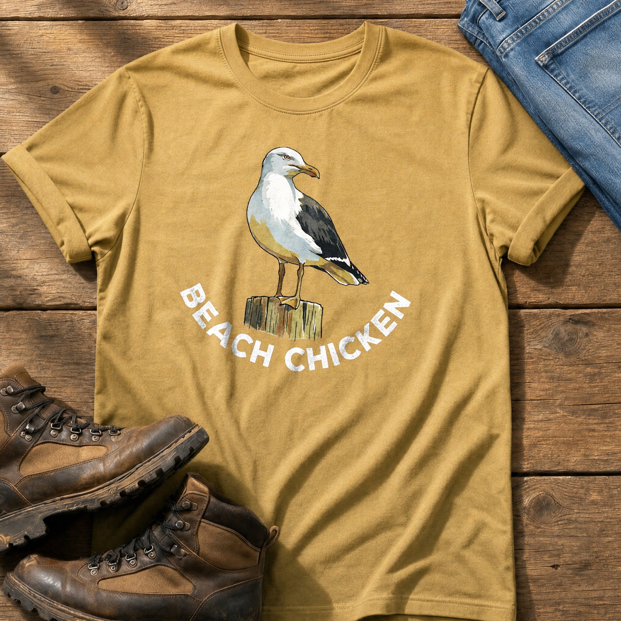 Beach Chicken 12 — Mustard Comfort Colors tee