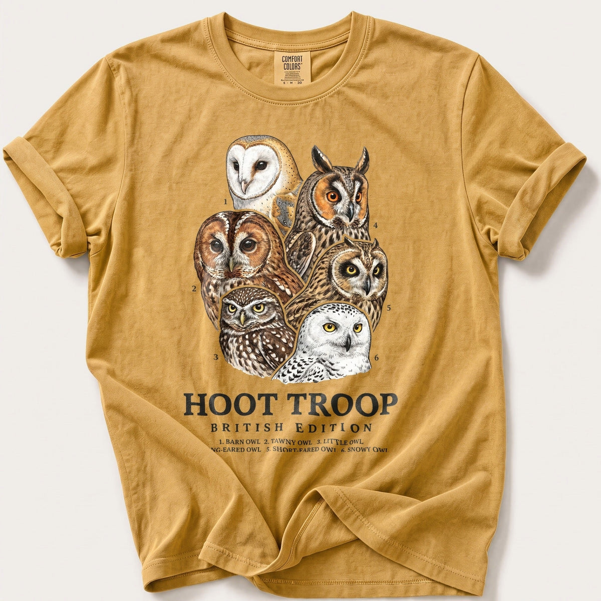 British Hoot Troop — Mustard Comfort Colors tee