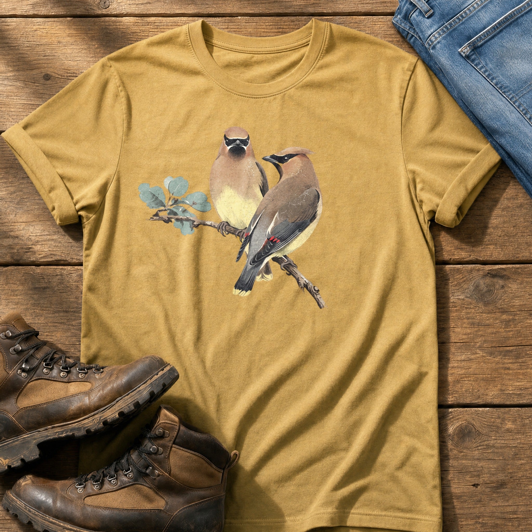 Cedar Waxwing On A Branch — Mustard Comfort Colors tee
