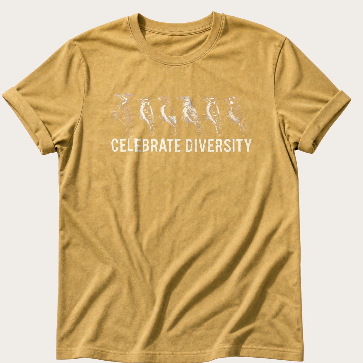 Celebrate Diversity Wood Pecker — Mustard Comfort Colors tee