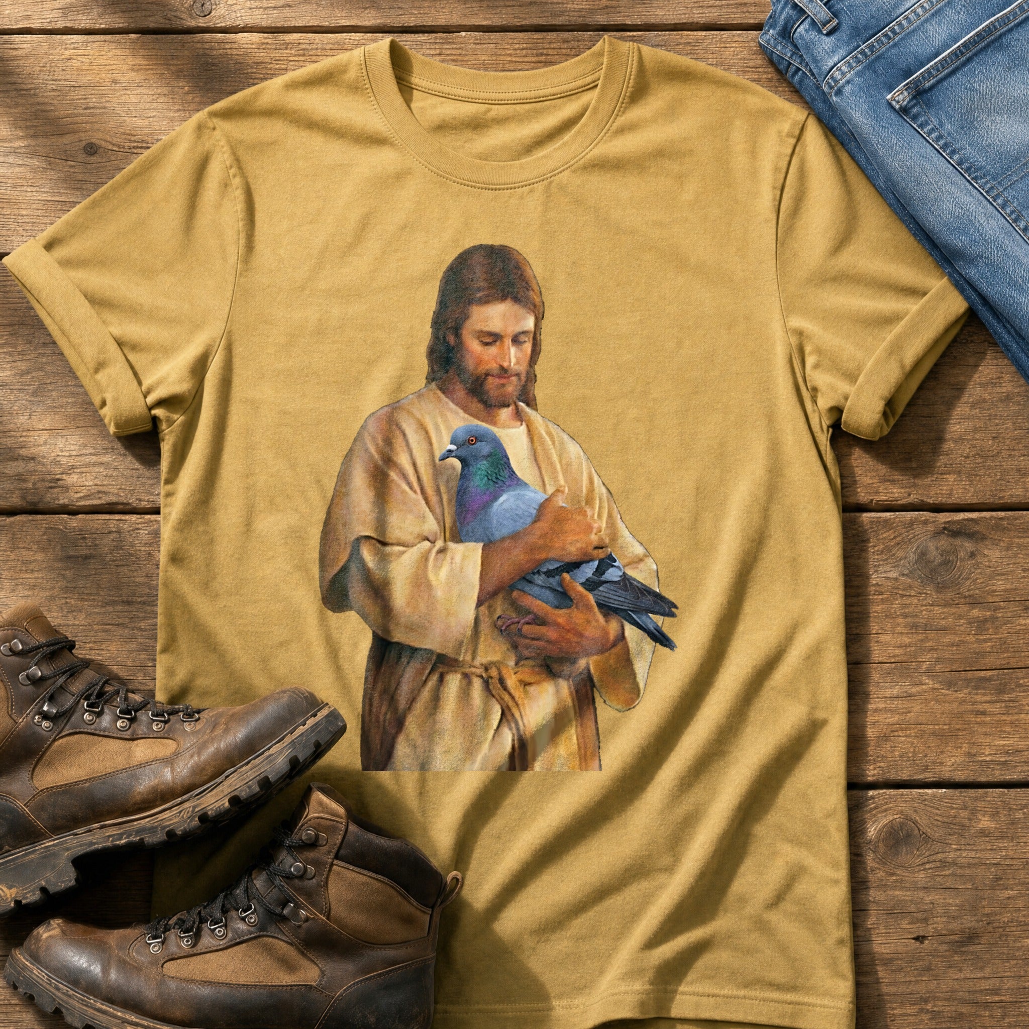 Christ With Pigeon 4 — Mustard Comfort Colors tee