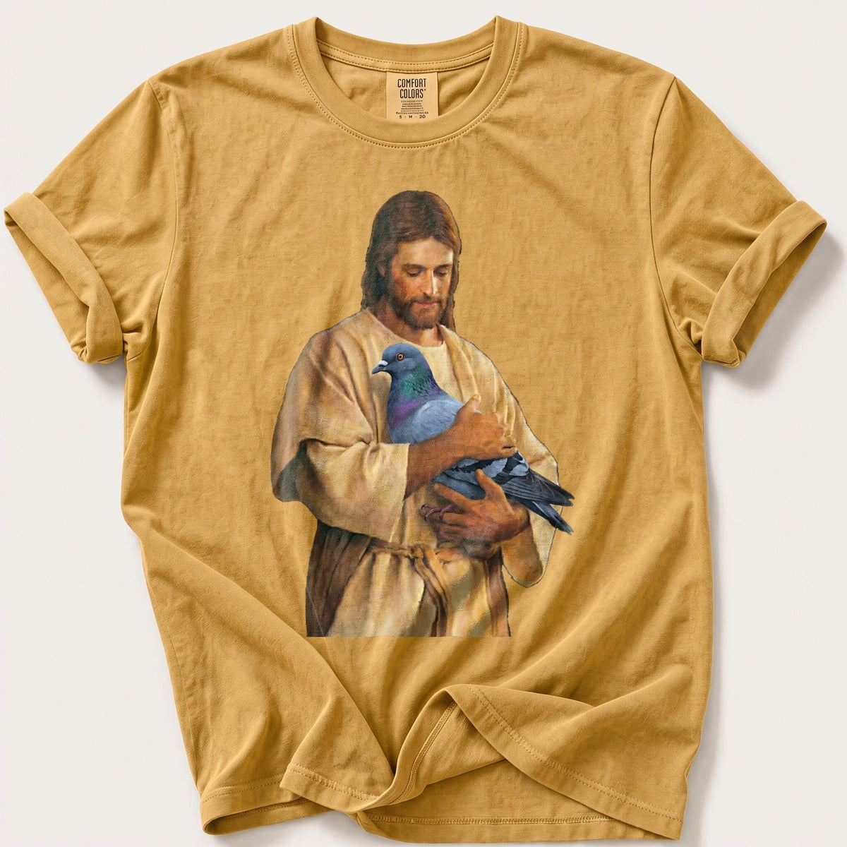 Christ With Pigeon 4 — Mustard Comfort Colors tee