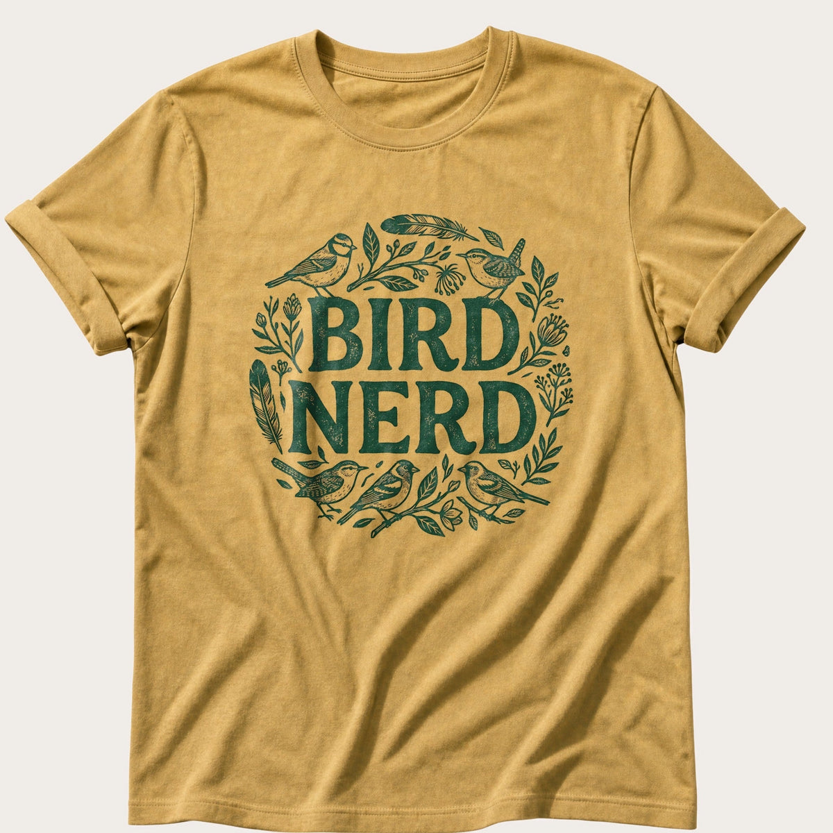 Floral Bird Nerd — Mustard Comfort Colors tee