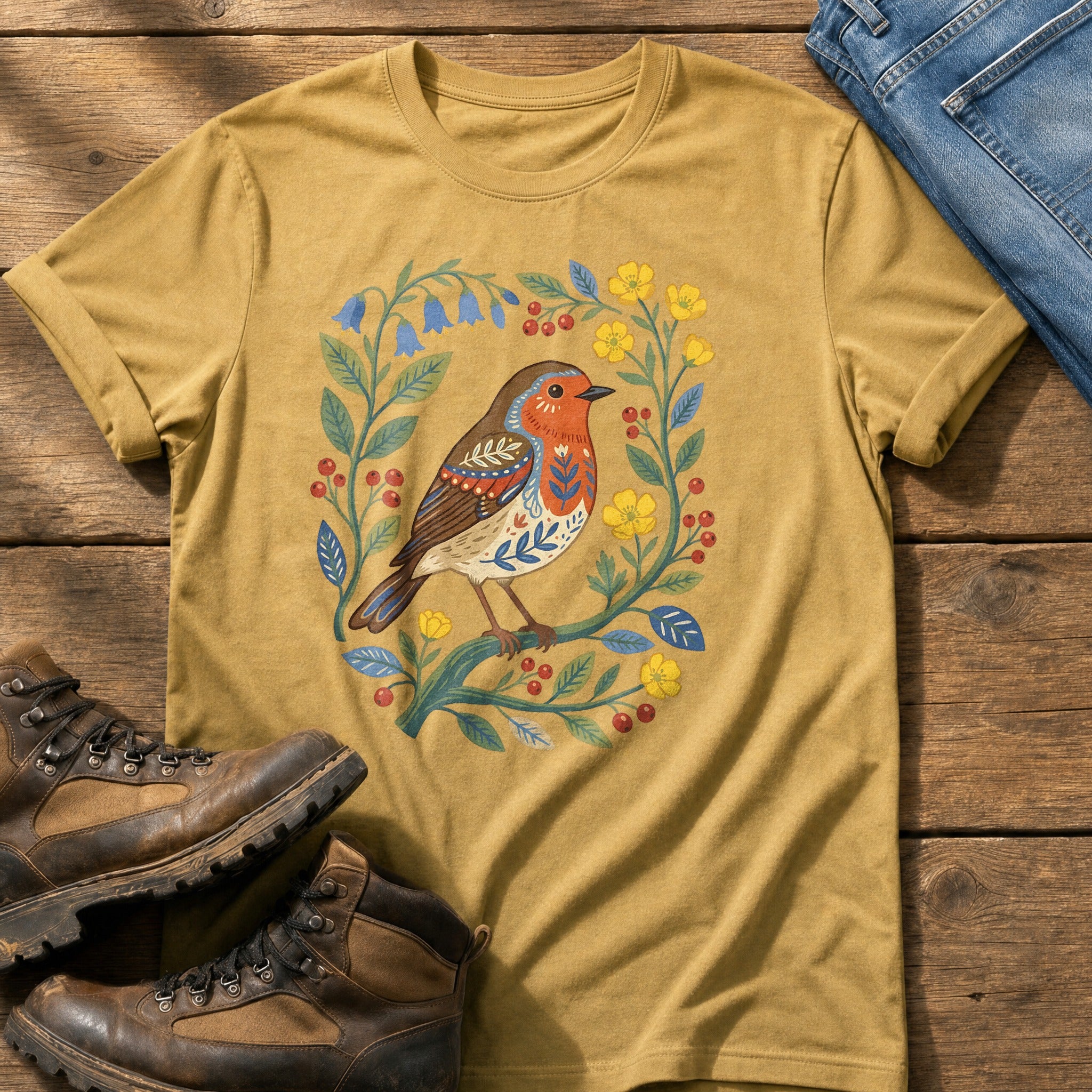Folk Style Robin — Mustard Comfort Colors tee