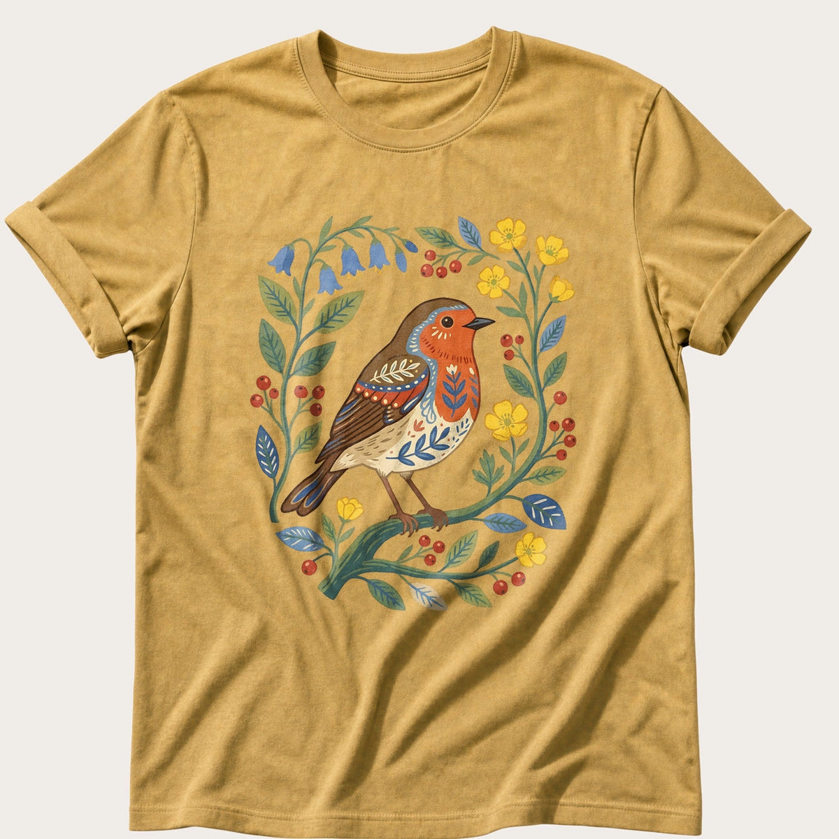 Folk Style Robin — Mustard Comfort Colors tee