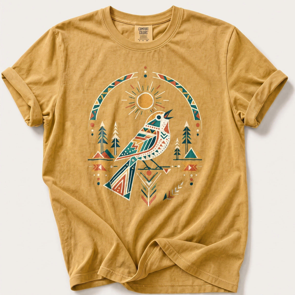 Geometric Sun Songbird — Mustard Comfort Colors tee