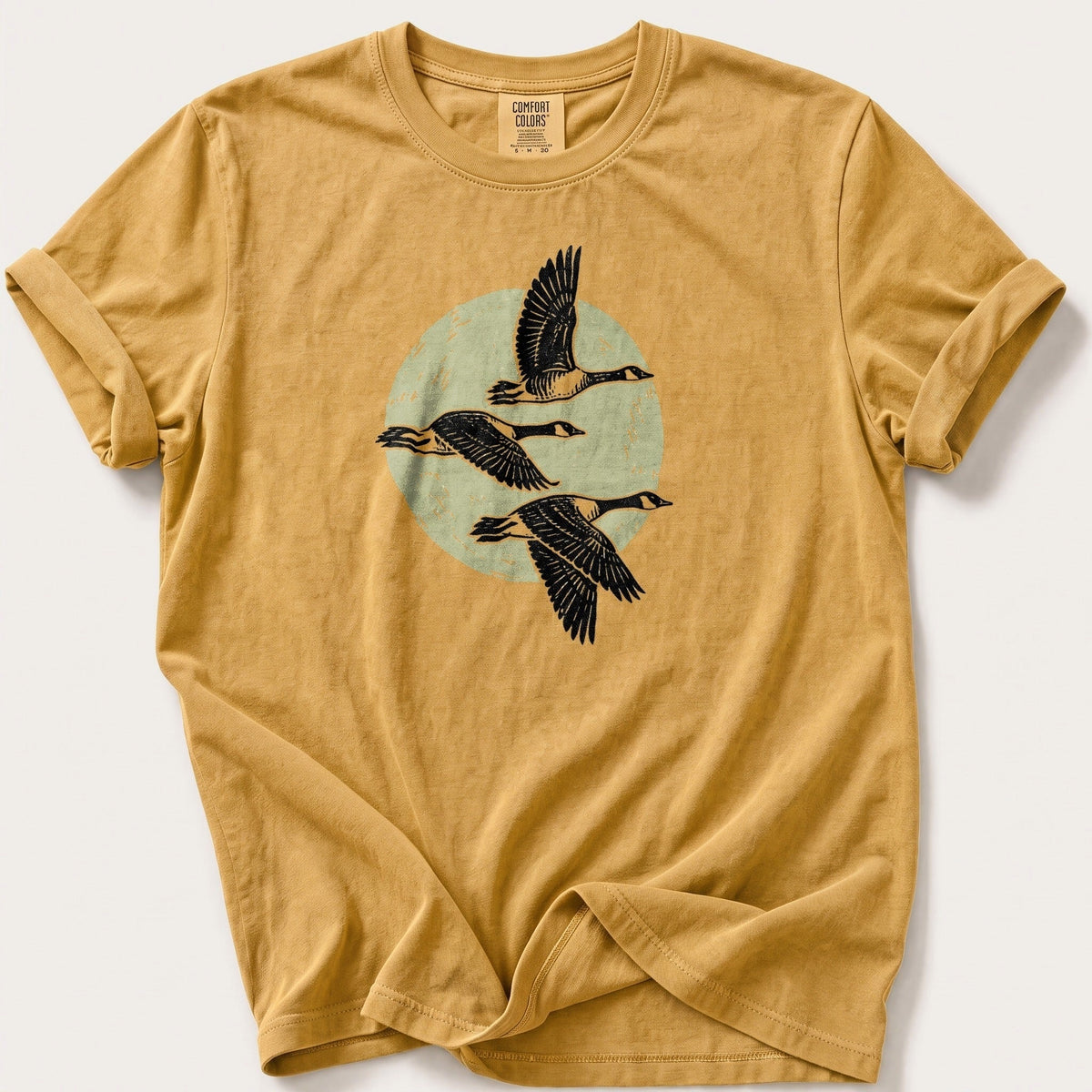 Moonrise Geese — Mustard Comfort Colors tee