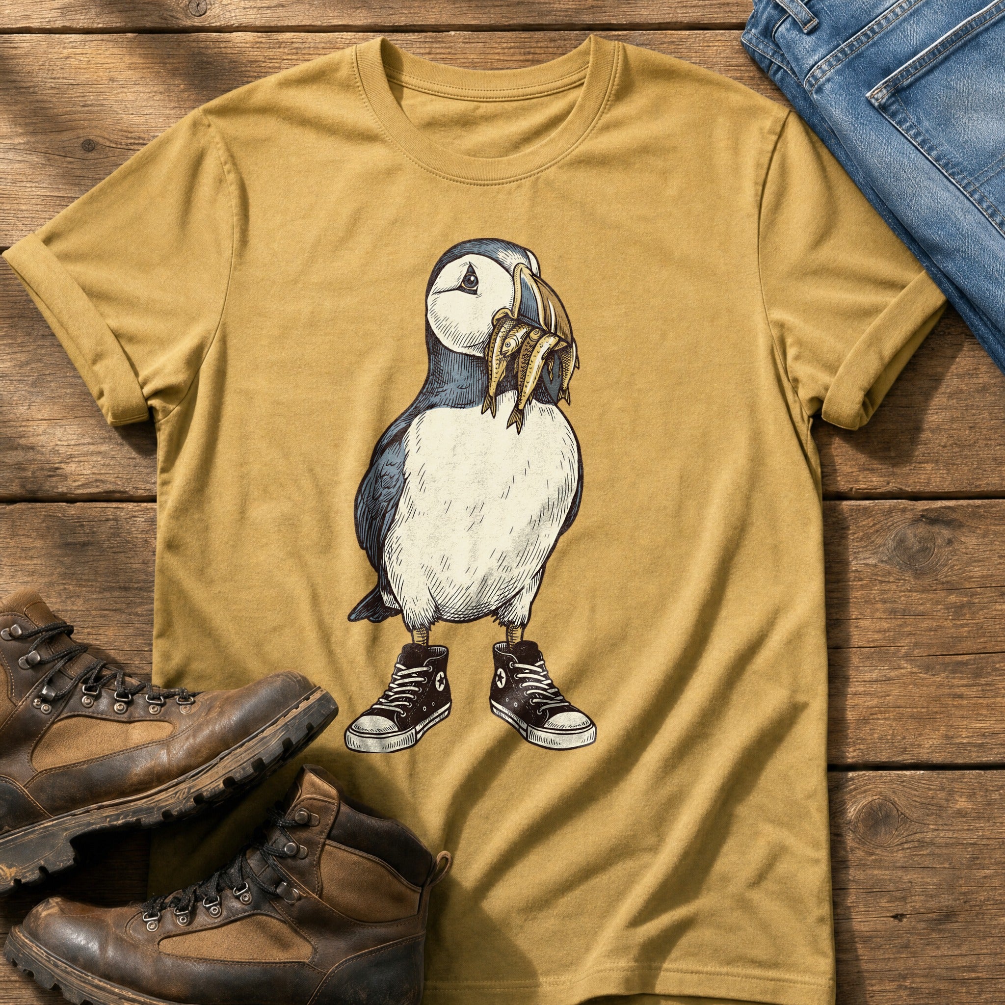 Puffin And Fish 77 — Mustard Comfort Colors tee