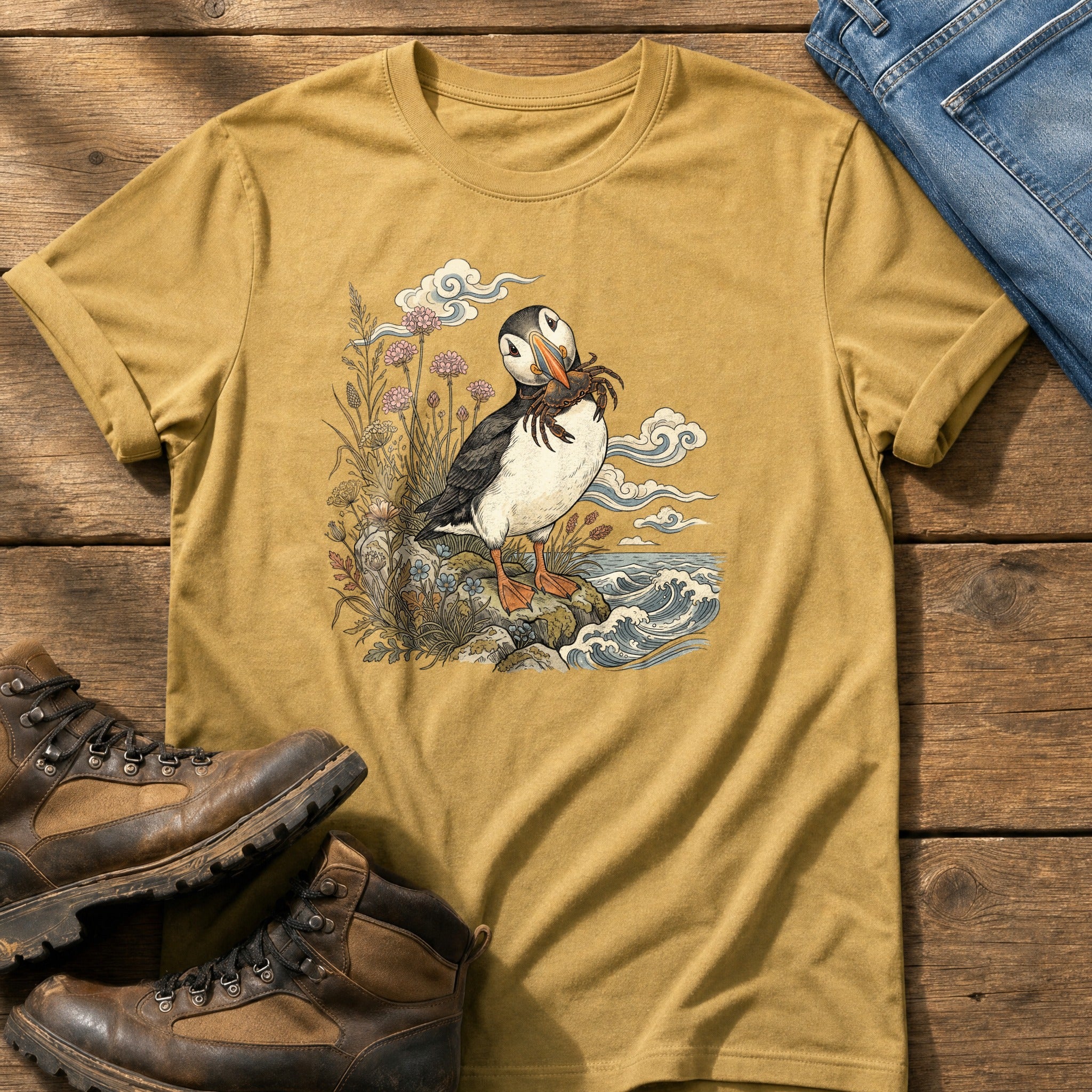 Puffin With Crab 4 — Mustard Comfort Colors tee