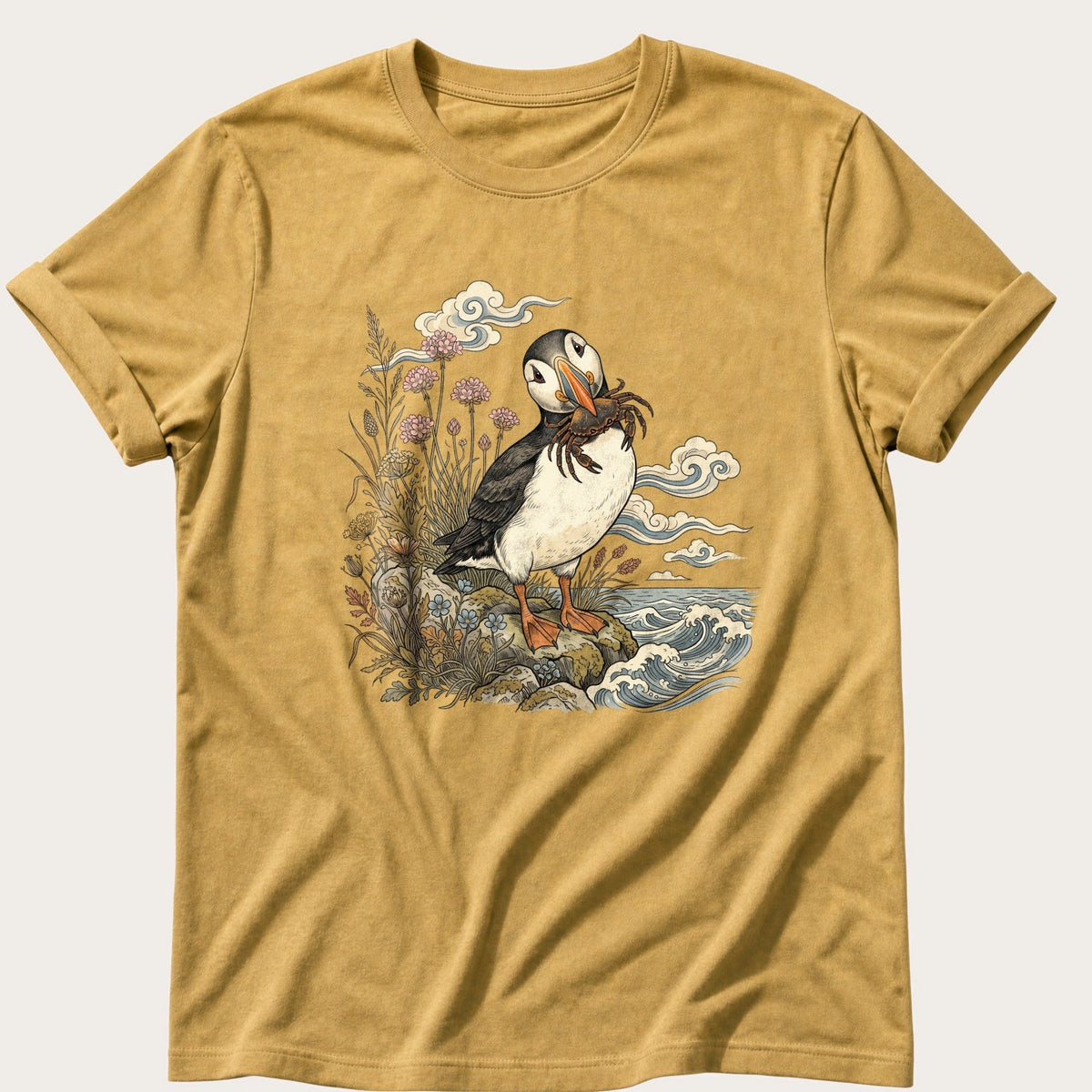 Puffin With Crab 4 — Mustard Comfort Colors tee