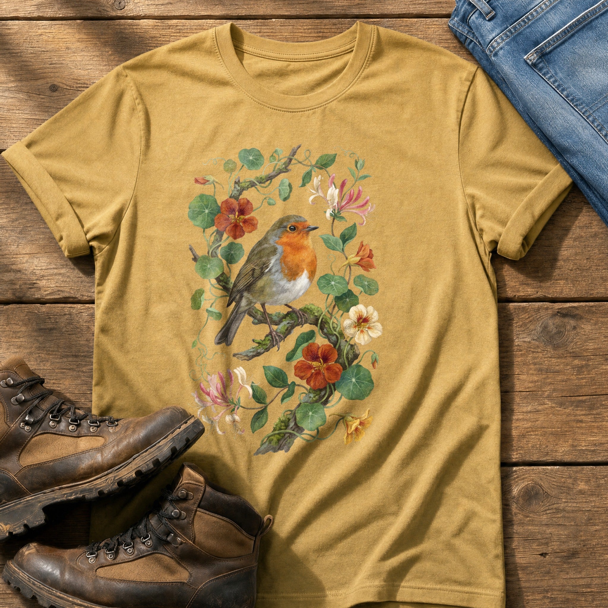 Robin & Nasturtiums — Mustard Comfort Colors tee