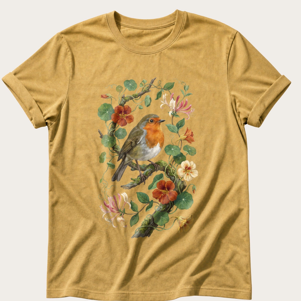 Robin & Nasturtiums — Mustard Comfort Colors tee