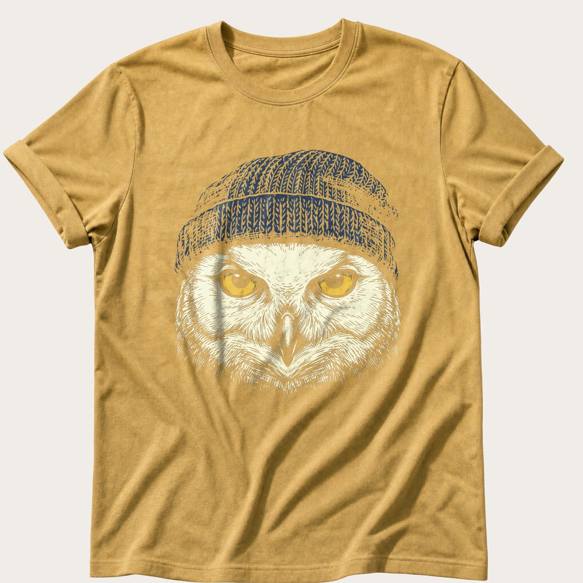 Snow Owl Beanie 44 — Mustard Comfort Colors tee