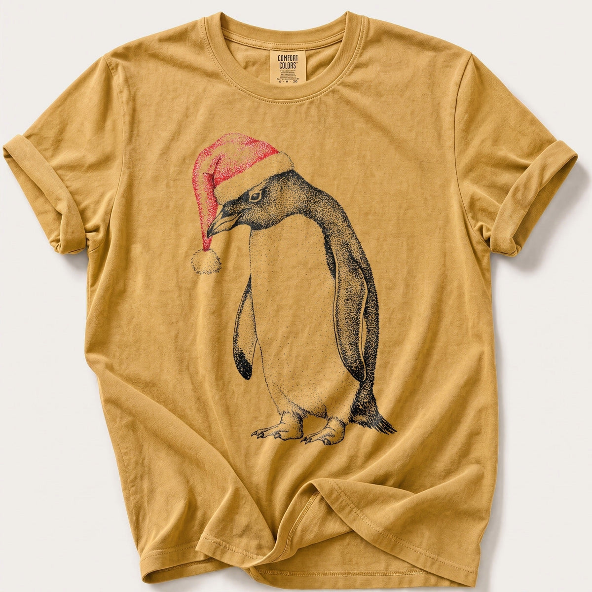 Stipple Santa Penguin — Mustard Comfort Colors tee
