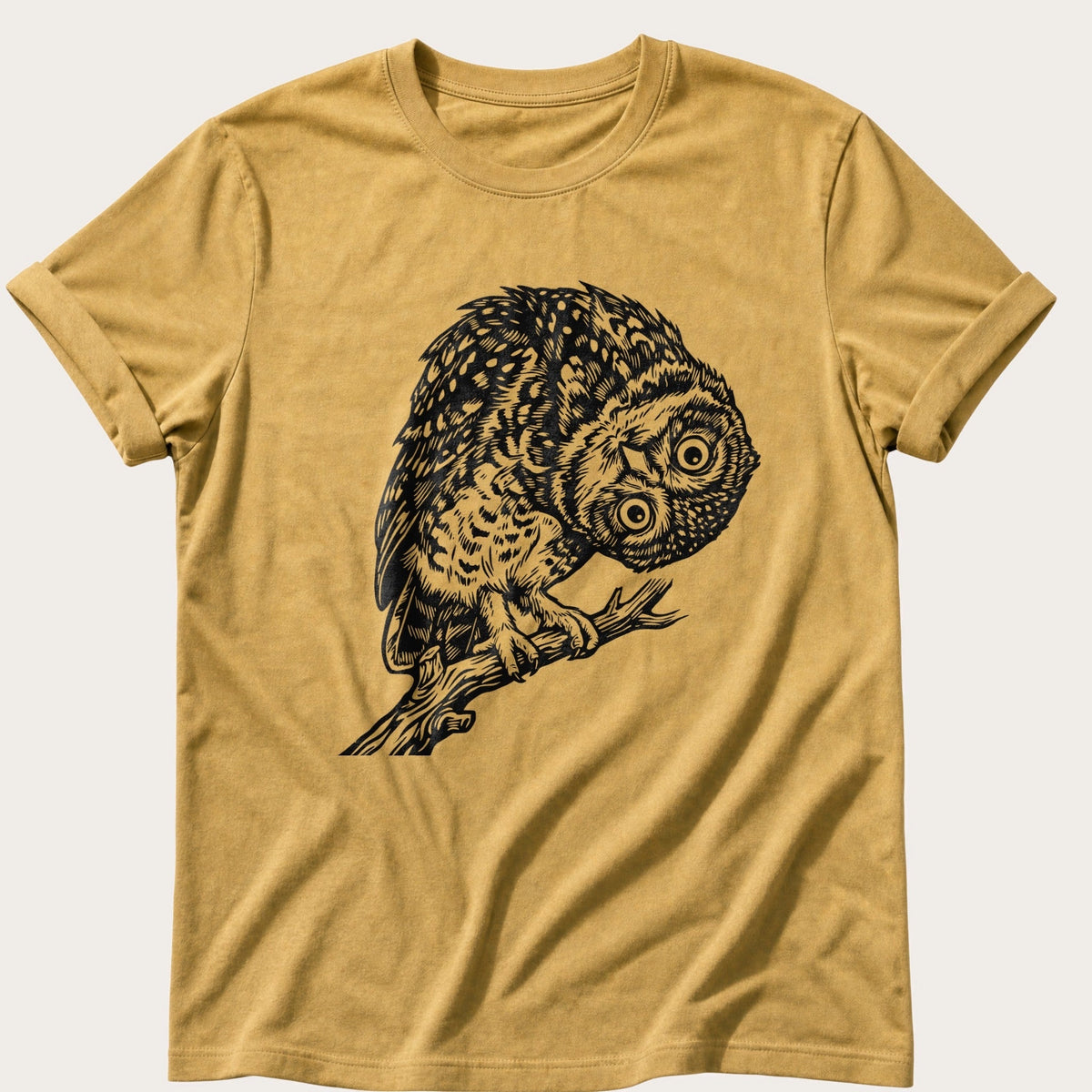 Tilted Head Owl 11 — Mustard Comfort Colors tee