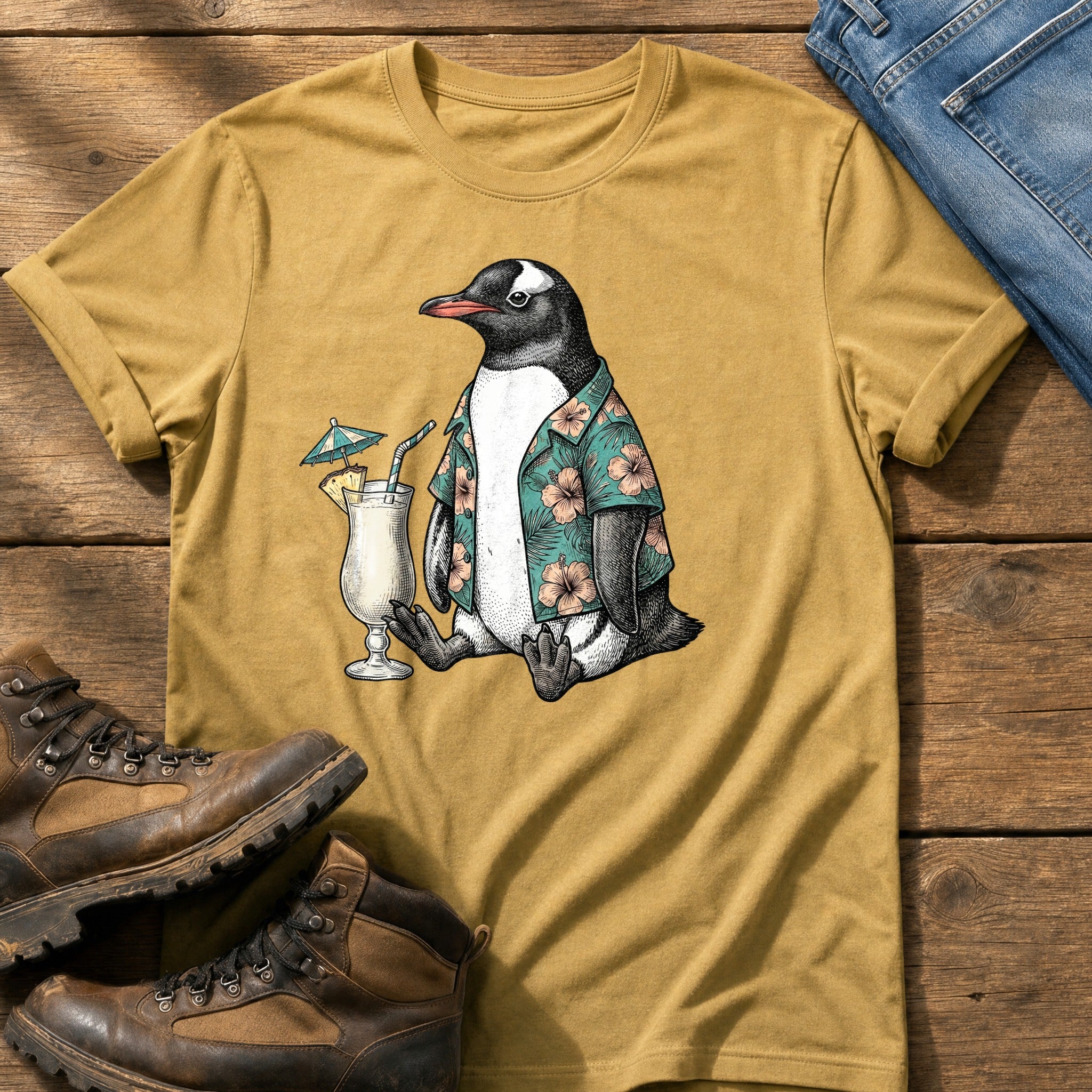 Tropical Penguin — Mustard Comfort Colors tee