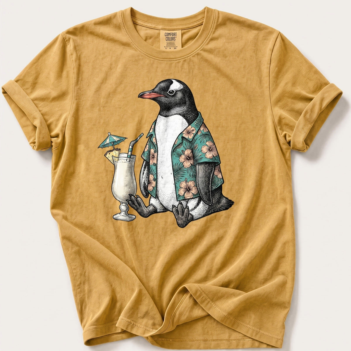 Tropical Penguin — Mustard Comfort Colors tee