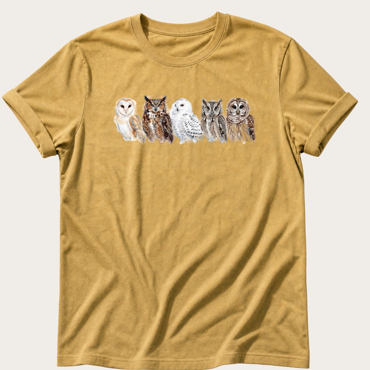 Watercolour Owls — Mustard Comfort Colors tee