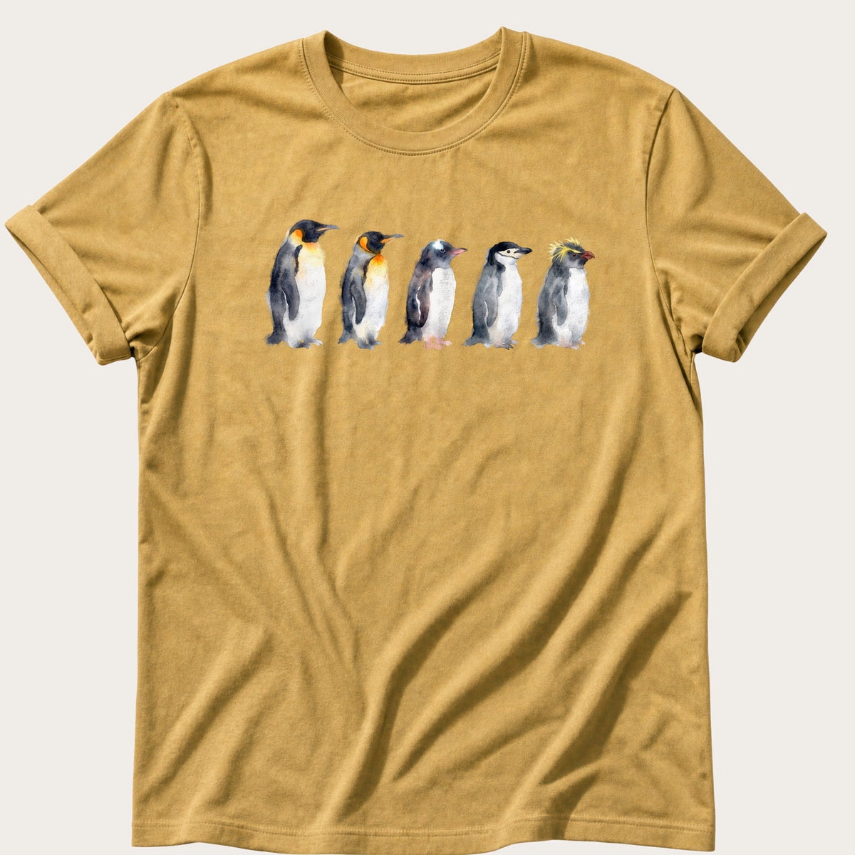 Watercolour Penguins — Mustard Comfort Colors tee