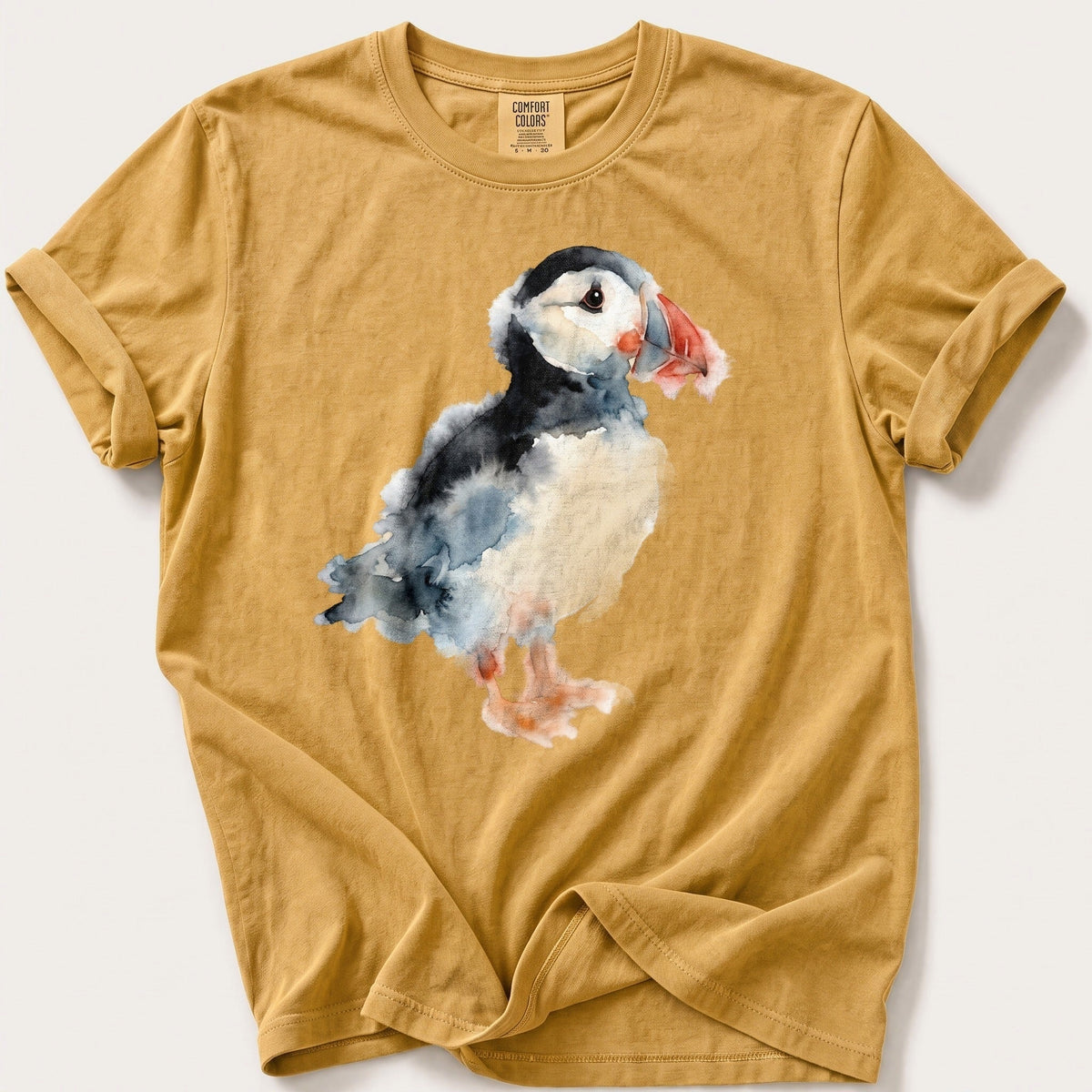 Watercolour Puffin — Mustard Comfort Colors tee