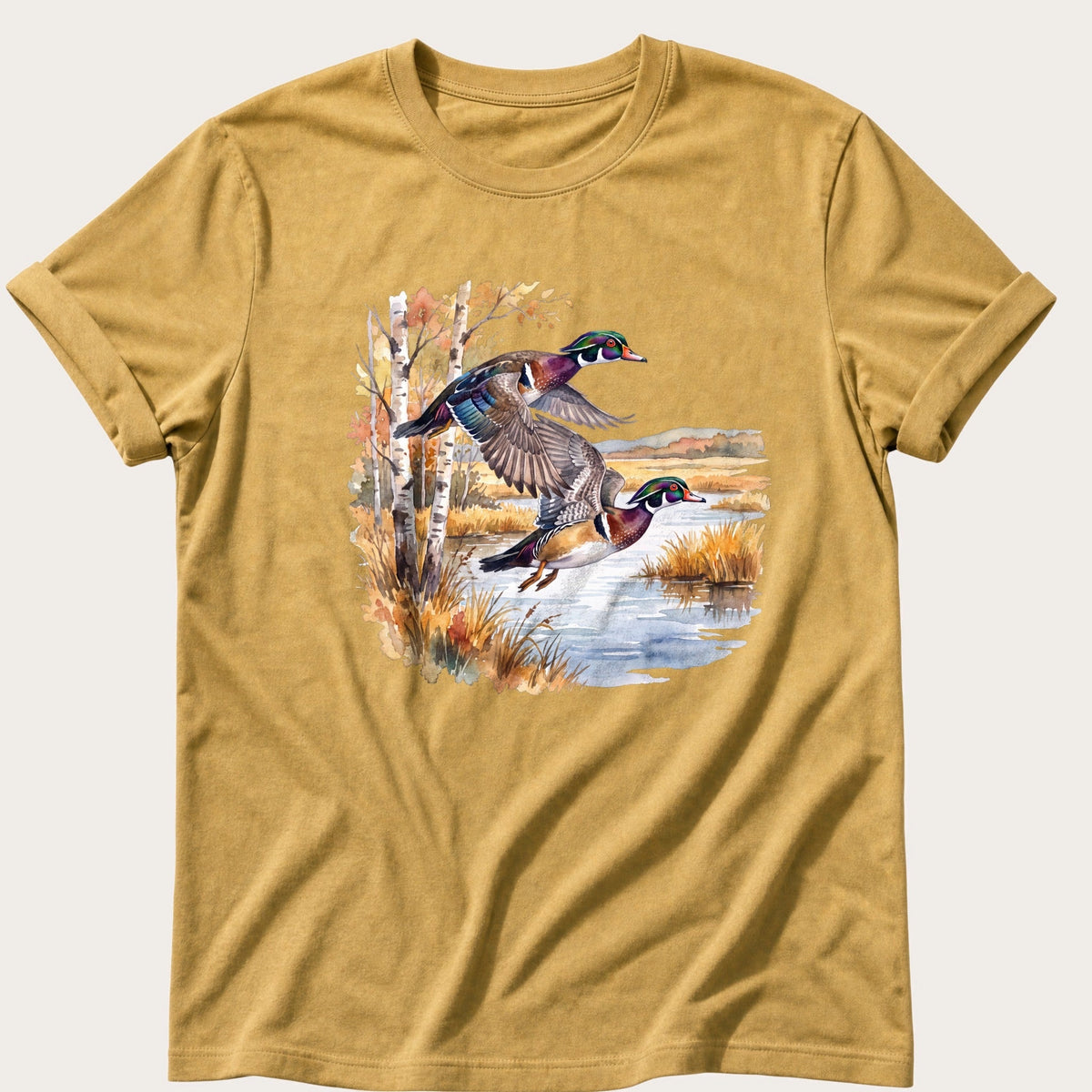 Wood Ducks At The Marsh — Mustard Comfort Colors tee