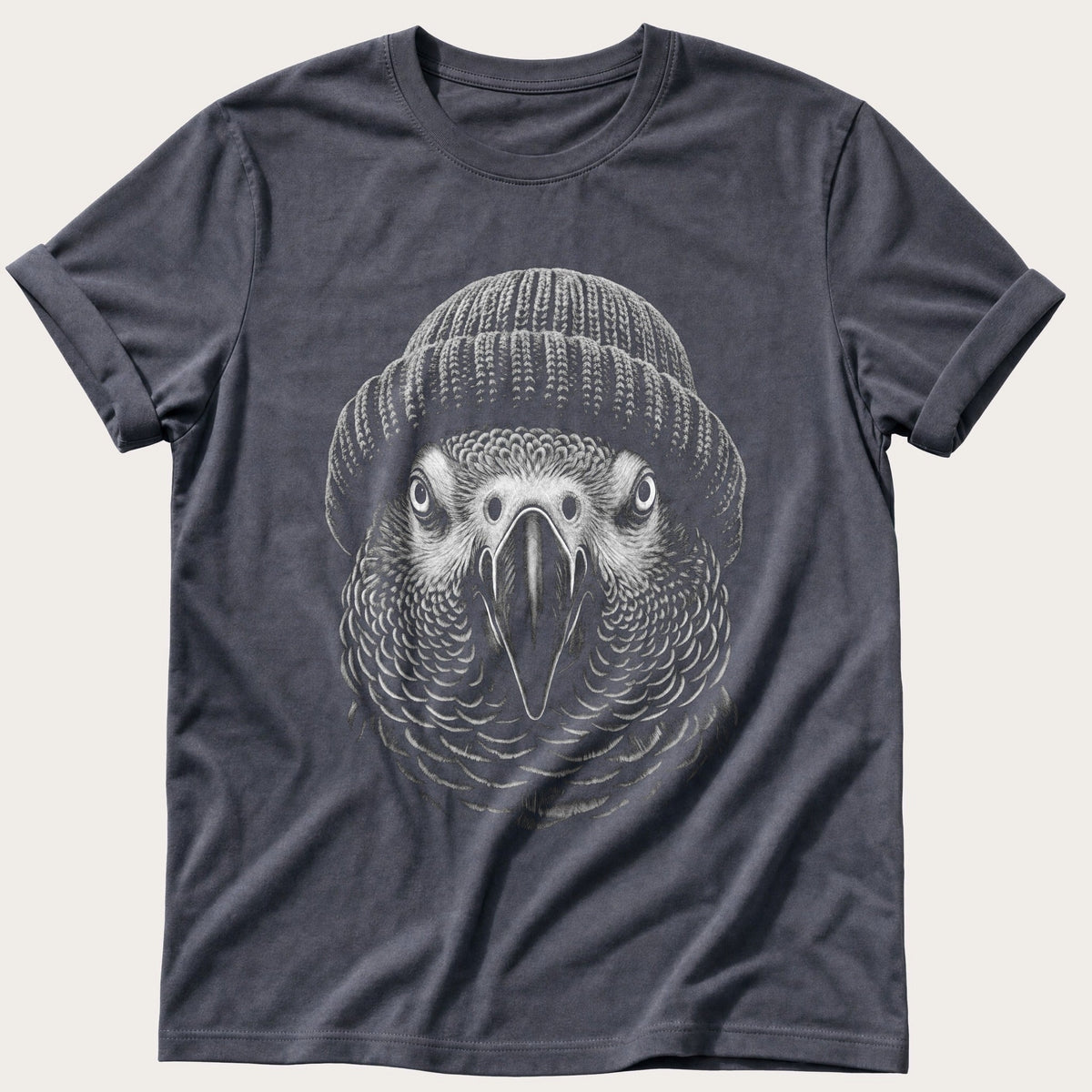 African Grey In A Beanie — Navy Comfort Colors tee