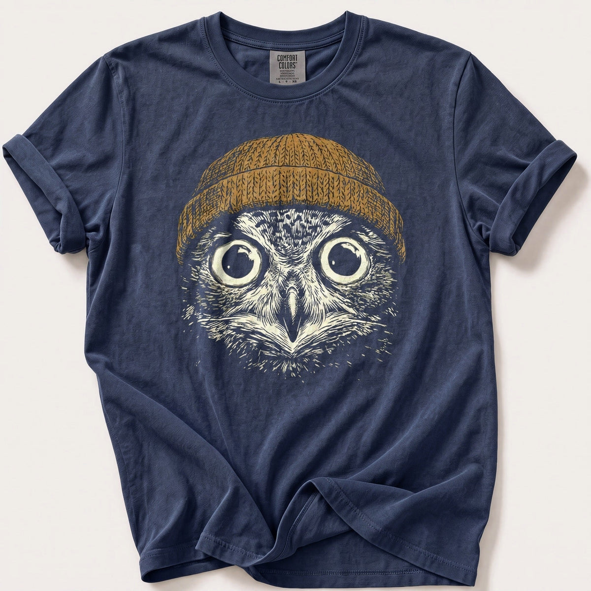 Beanie Owl 6 — Navy Comfort Colors tee
