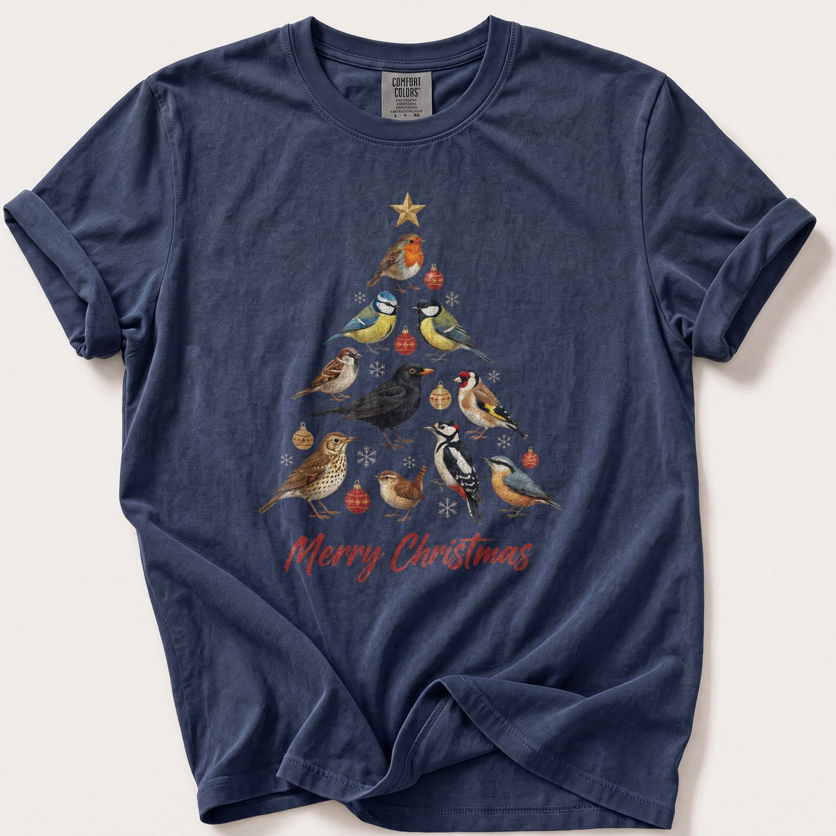 Big Garden Bird Christmas Tree — Navy Comfort Colors tee