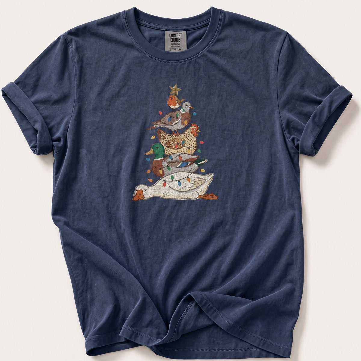Bird Stack Christmas Tree — Navy Comfort Colors tee