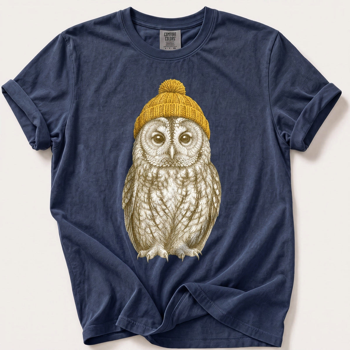 Bobble Hat Tawny Owl — Navy Comfort Colors tee