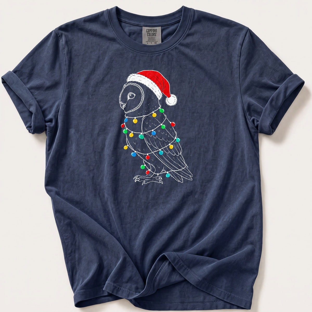 Fairy Light Barn Owl Outline — Navy Comfort Colors tee