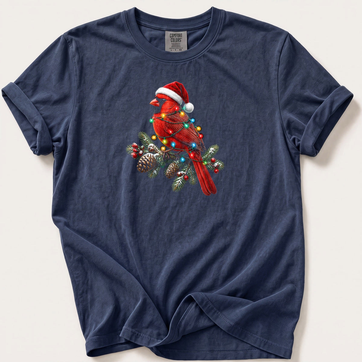 Fairy Light Cardinal — Navy Comfort Colors tee