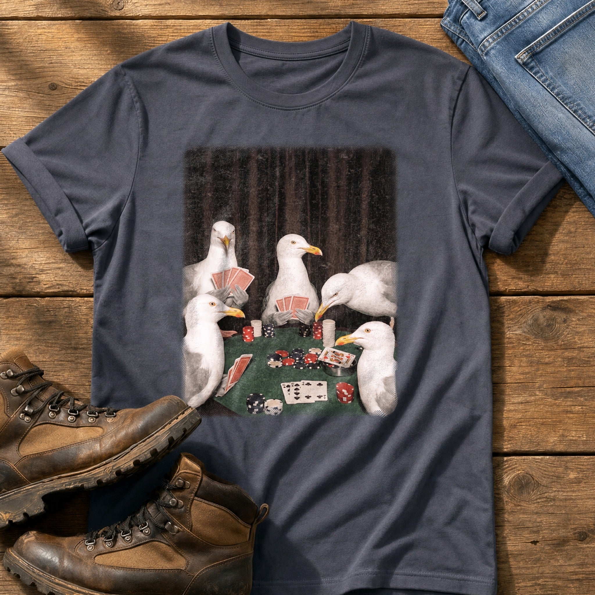 Gulls Playing Poker — Navy Comfort Colors tee