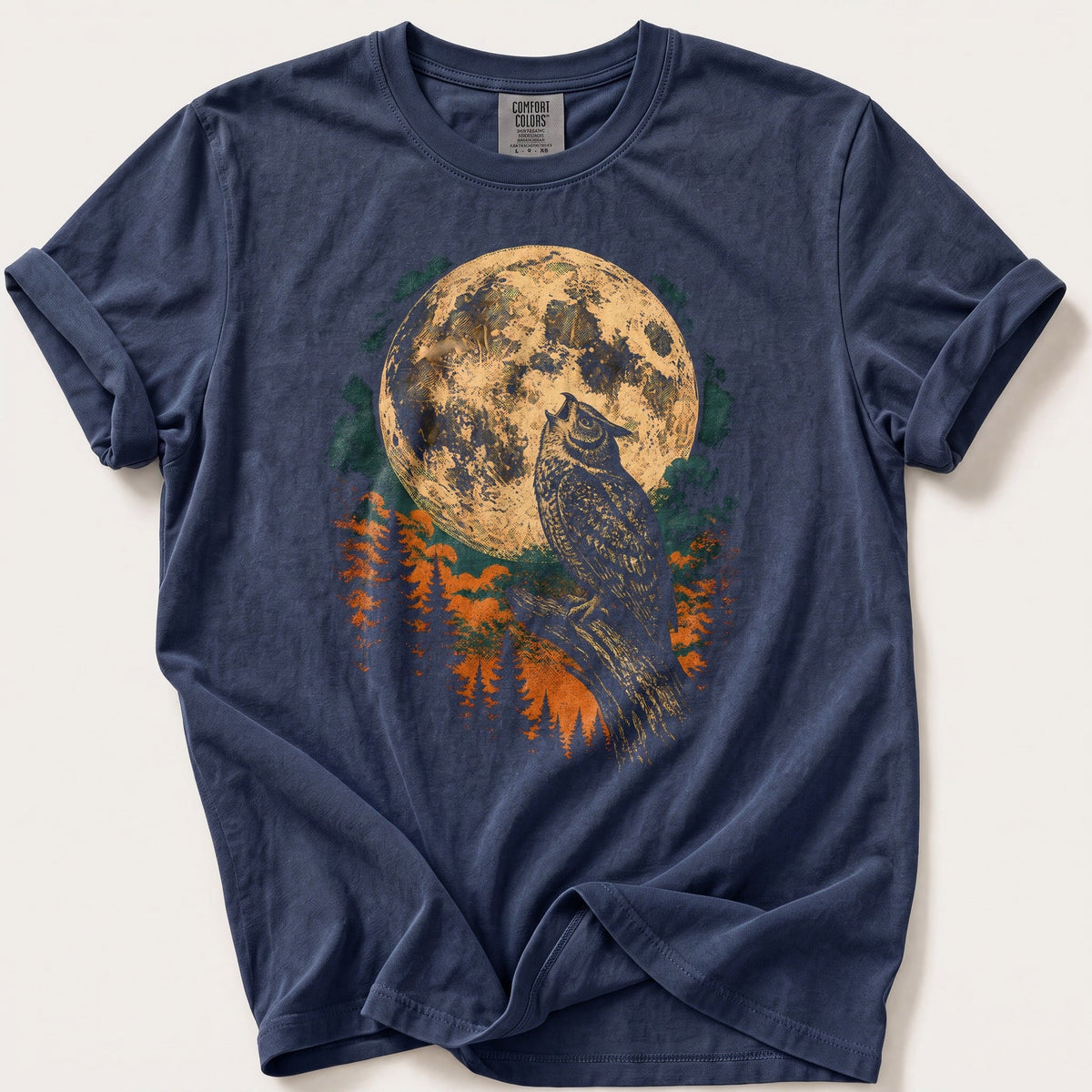 Harvest Moon Owl — Navy Comfort Colors tee