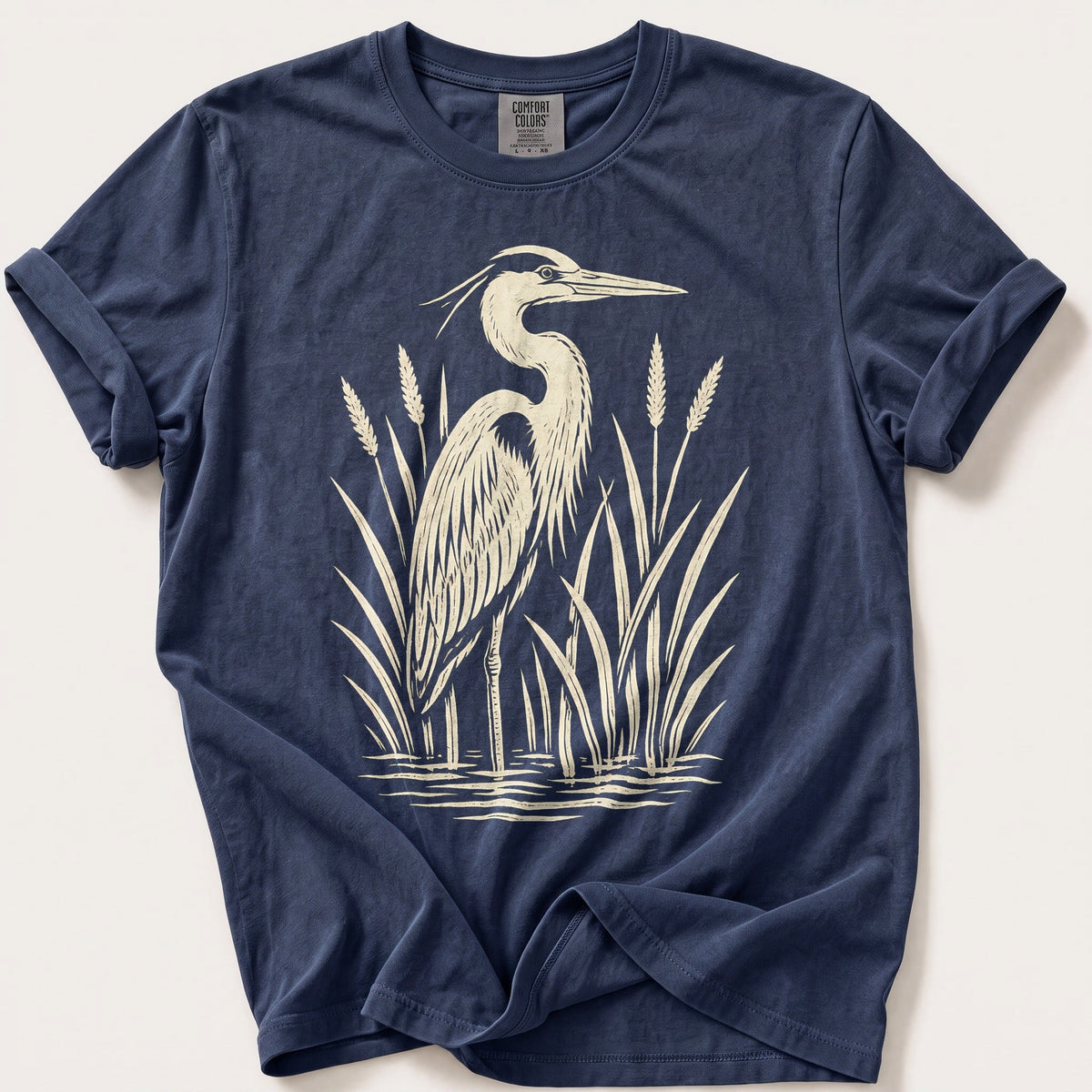 Linocut Heron — Navy Comfort Colors tee