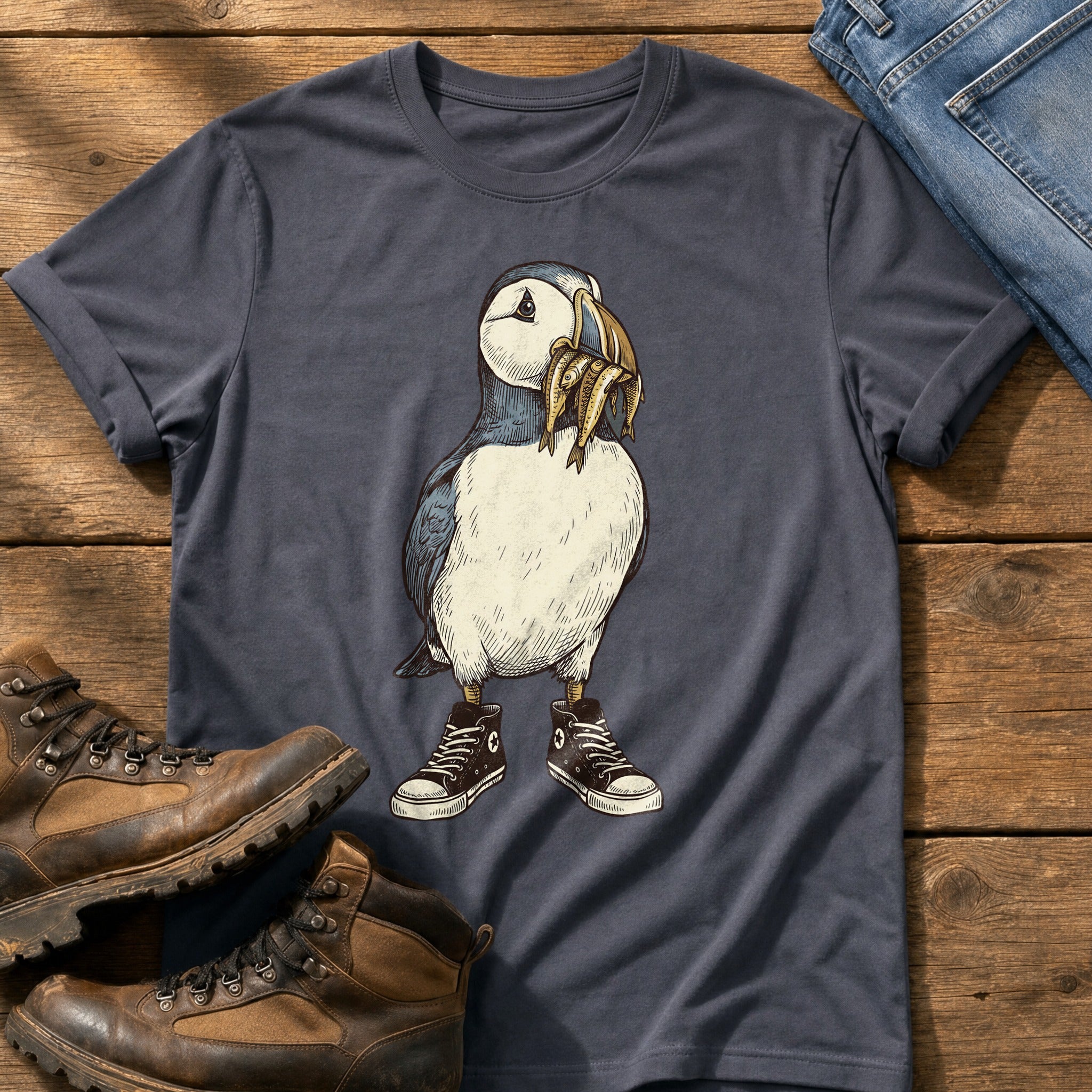 Puffin And Fish 77 — Navy Comfort Colors tee