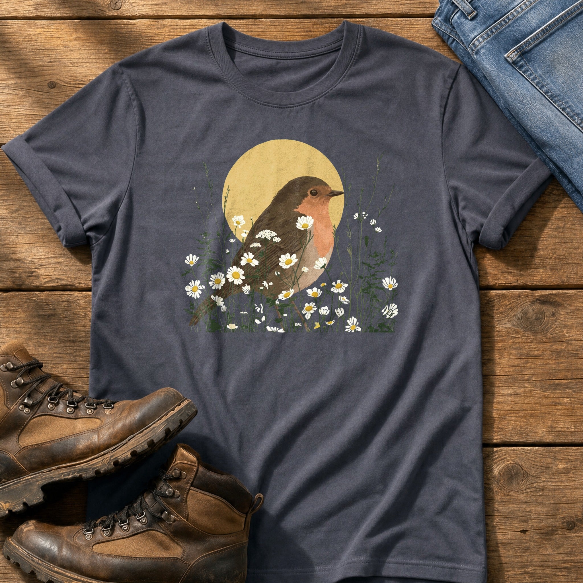 Robin Flower Bed — Navy Comfort Colors tee