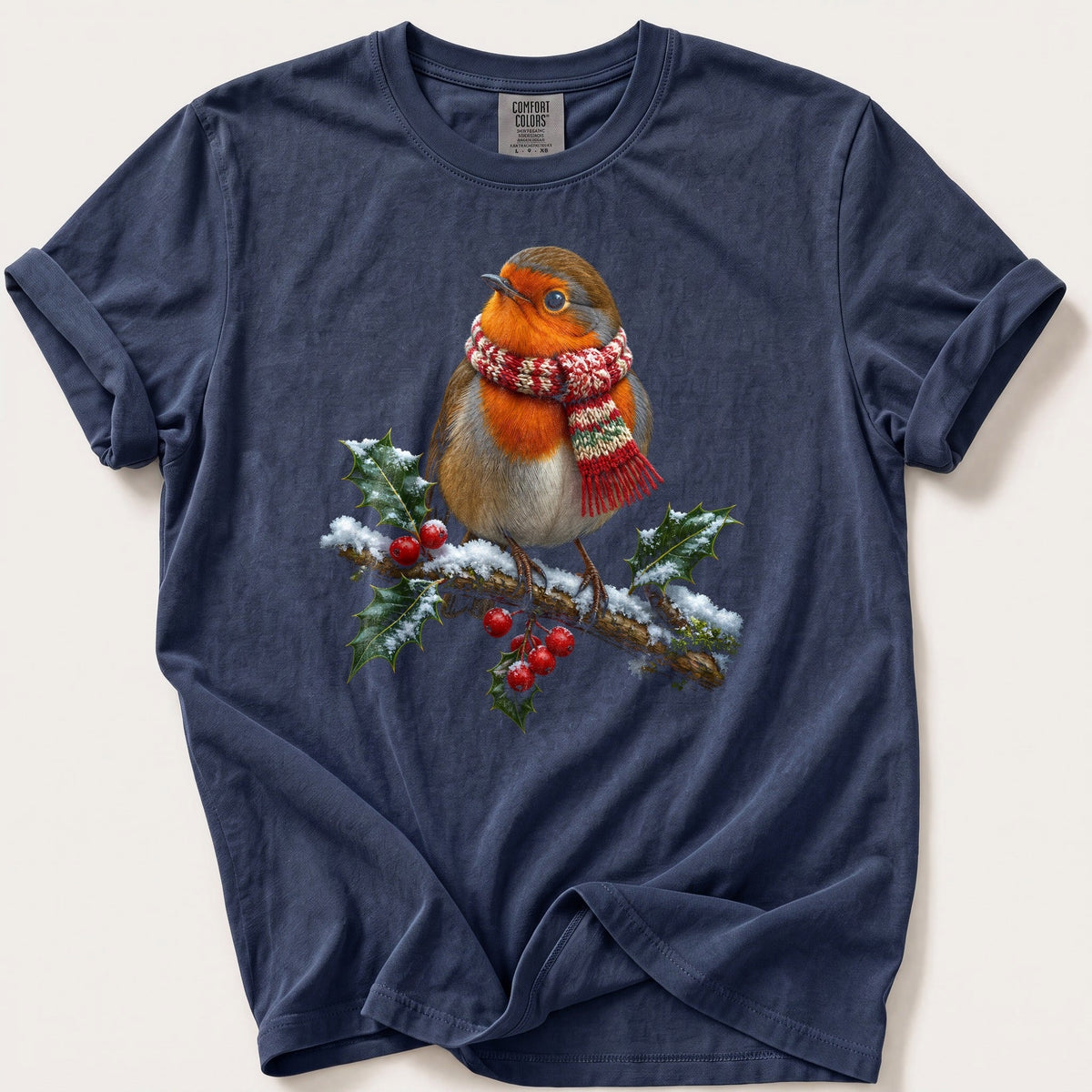 Robin In A Knitted Scarf — Navy Comfort Colors tee