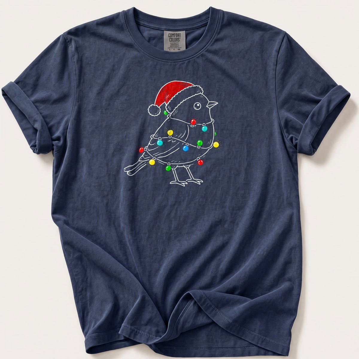 Robin In Fairy Lights Outline — Navy Comfort Colors tee