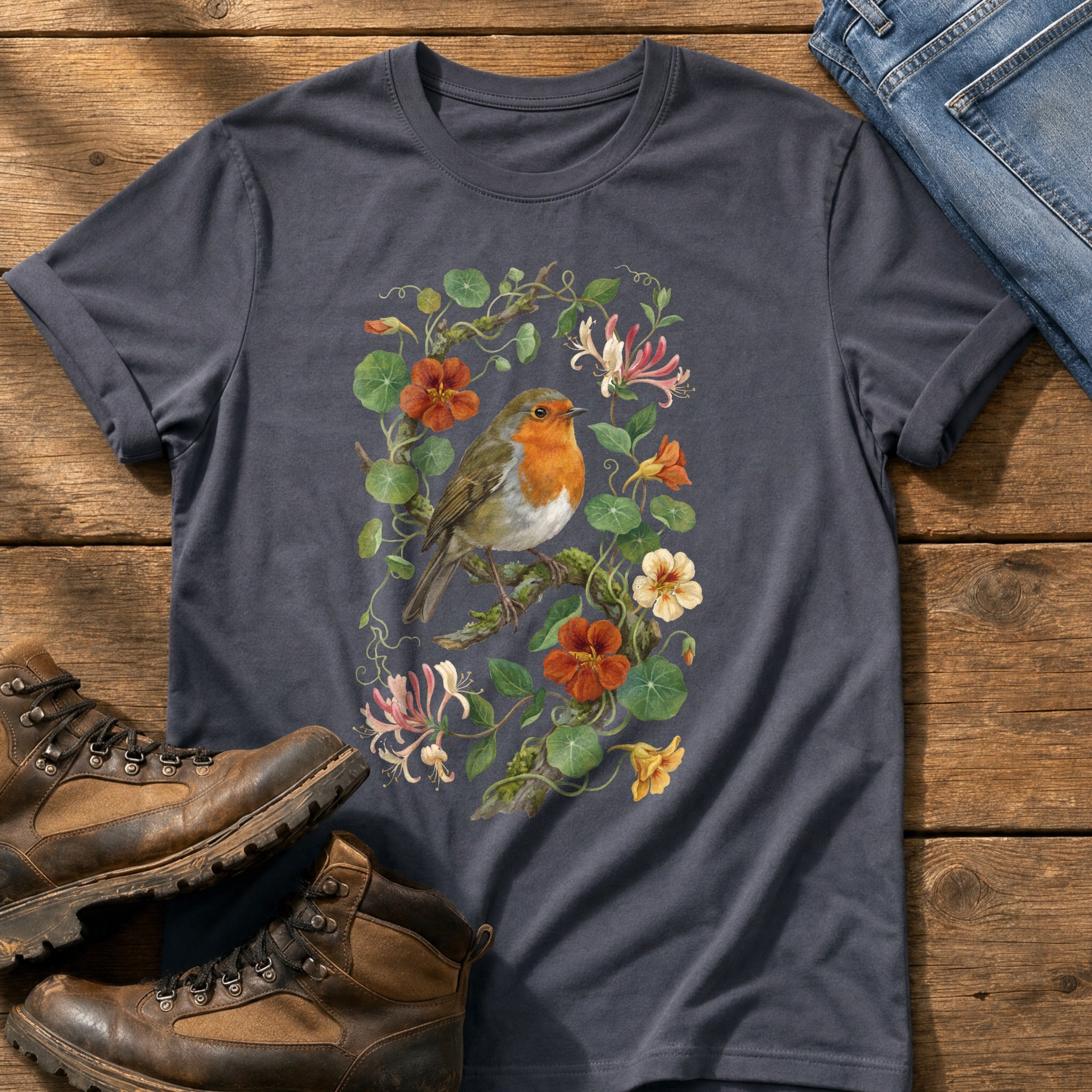 Robin & Nasturtiums — Navy Comfort Colors tee