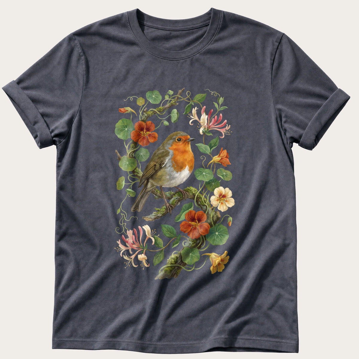 Robin & Nasturtiums — Navy Comfort Colors tee
