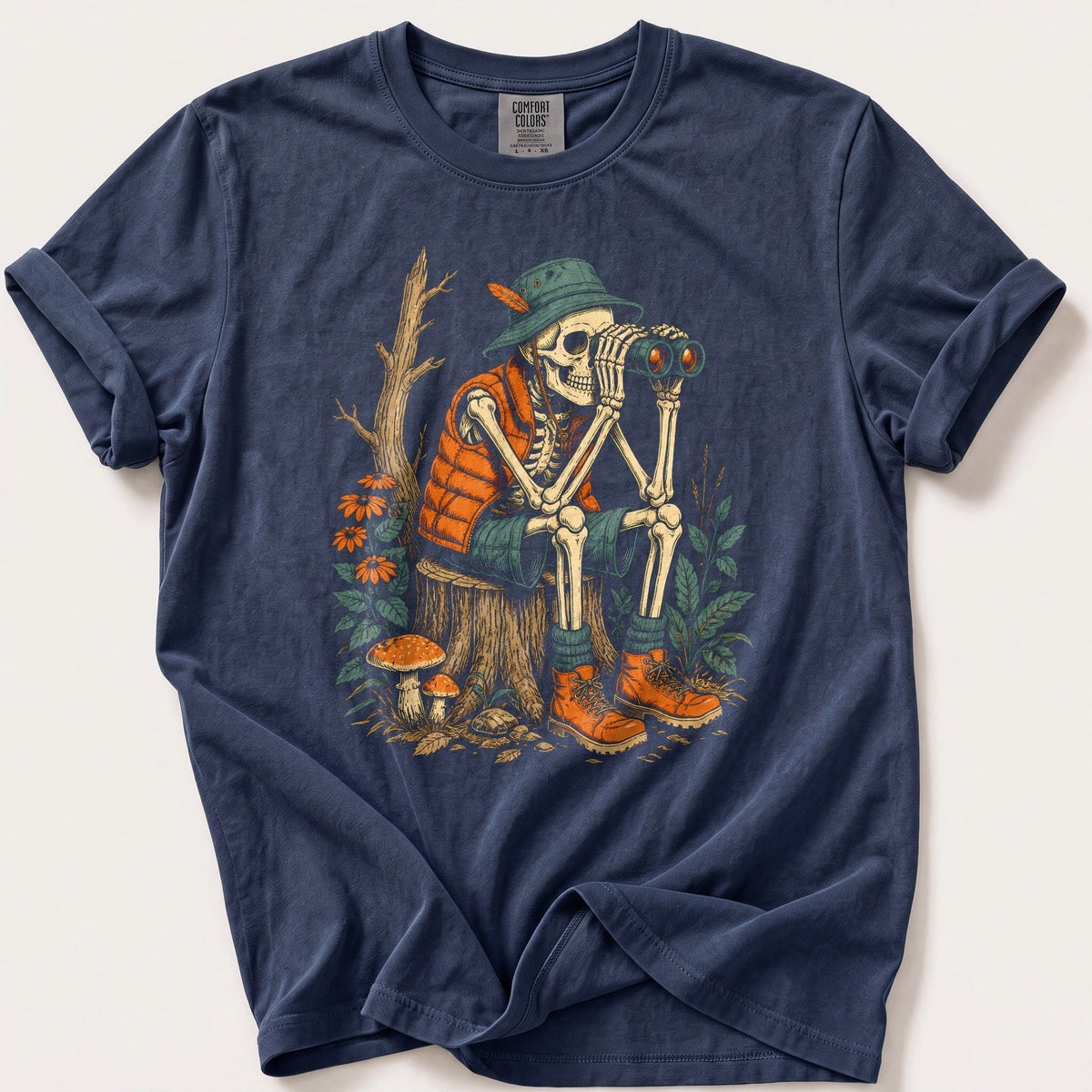 Skeleton Birdwatcher — Navy Comfort Colors tee