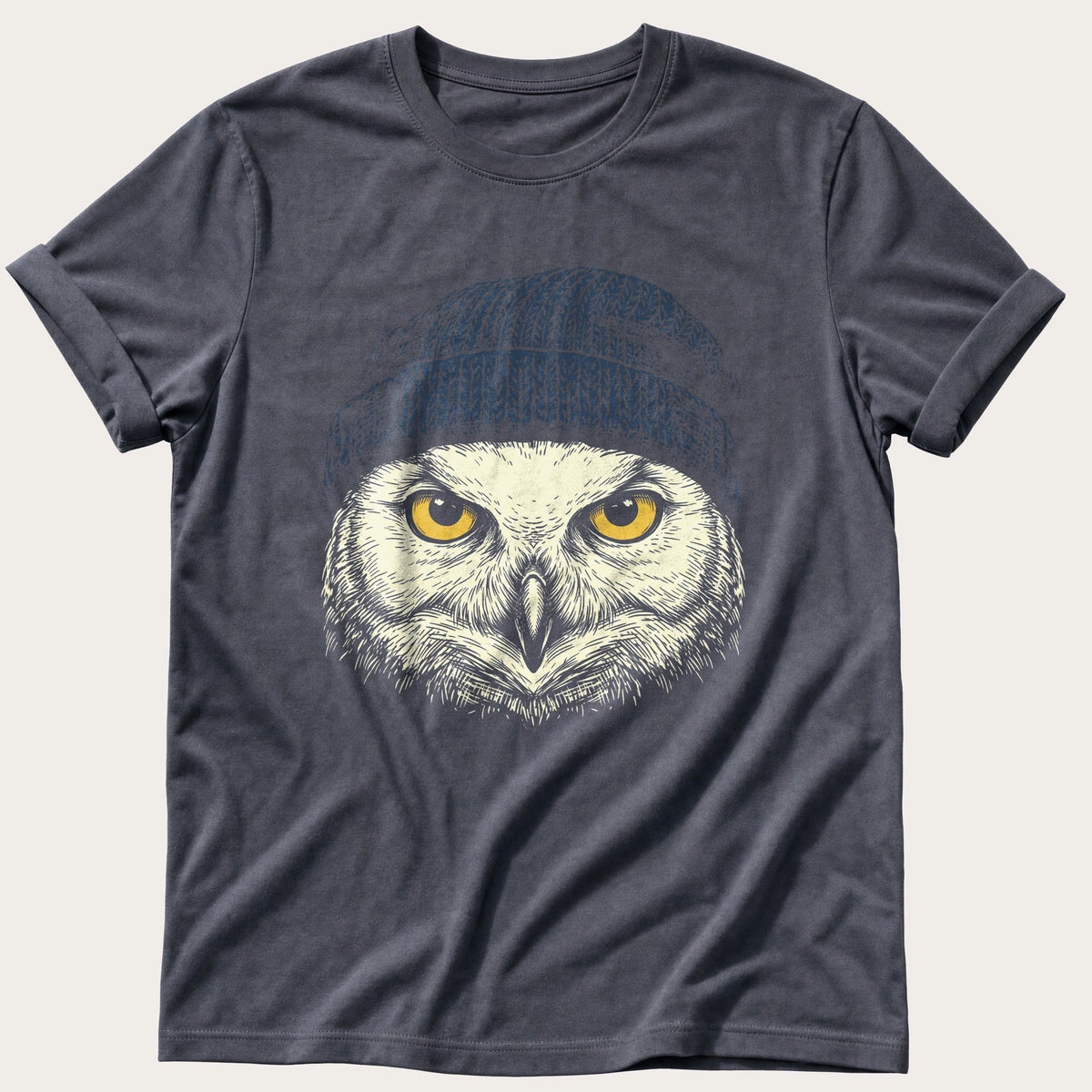 Snow Owl Beanie 44 — Navy Comfort Colors tee