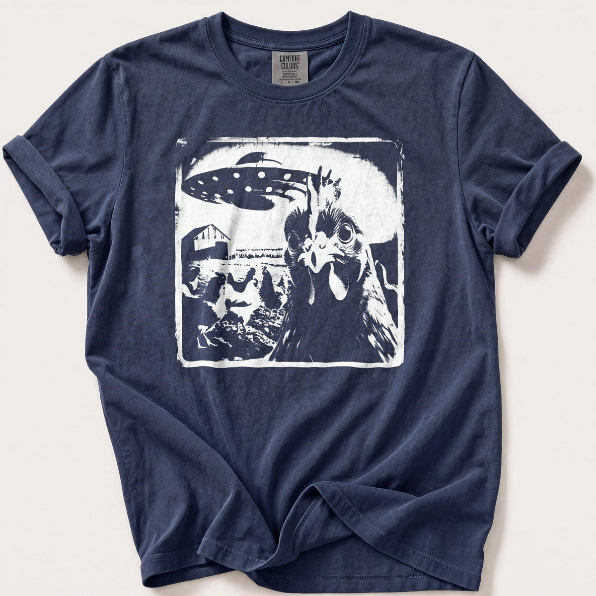 Spaceship Chicken 98 — Navy Comfort Colors tee
