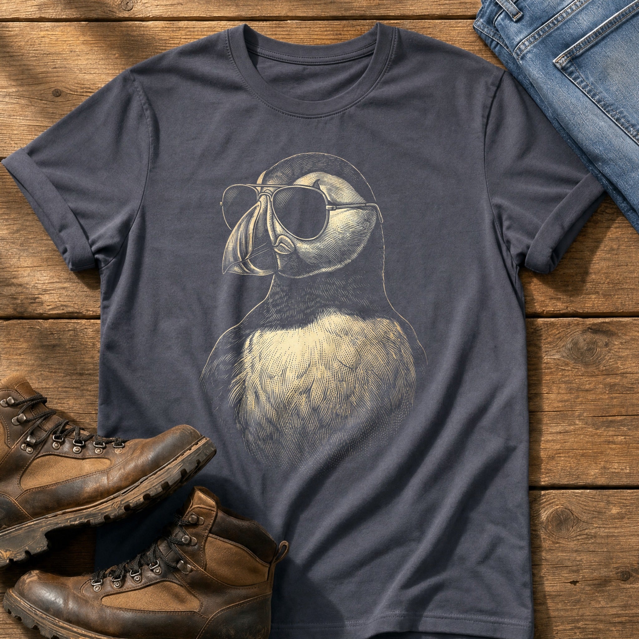 Sunglass Puffin 5 — Navy Comfort Colors tee
