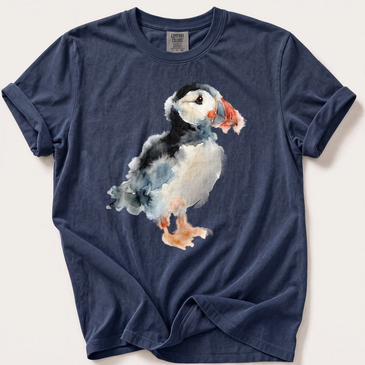 Watercolour Puffin — Navy Comfort Colors tee