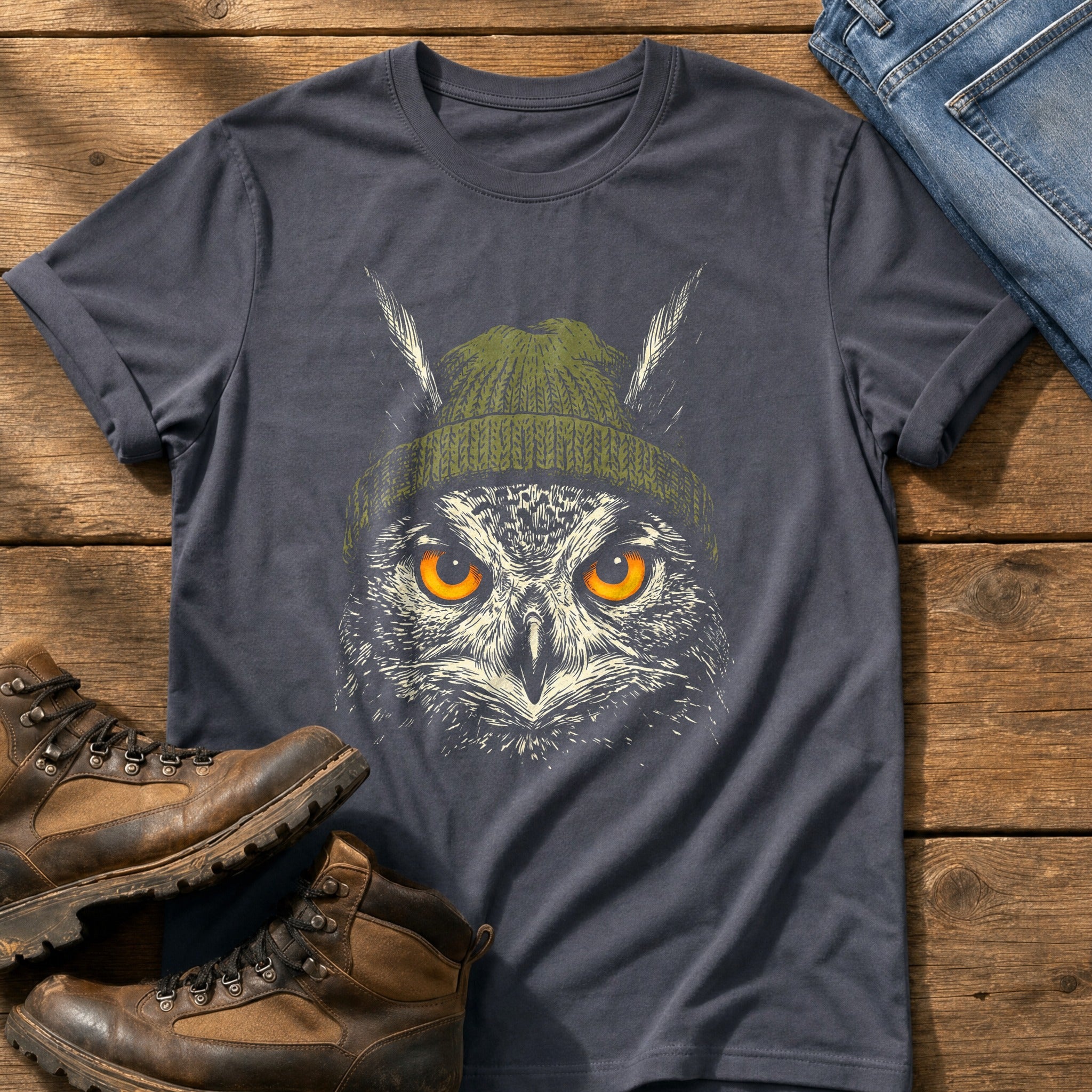 Woodland Owl Beanie 7 — Navy Comfort Colors tee