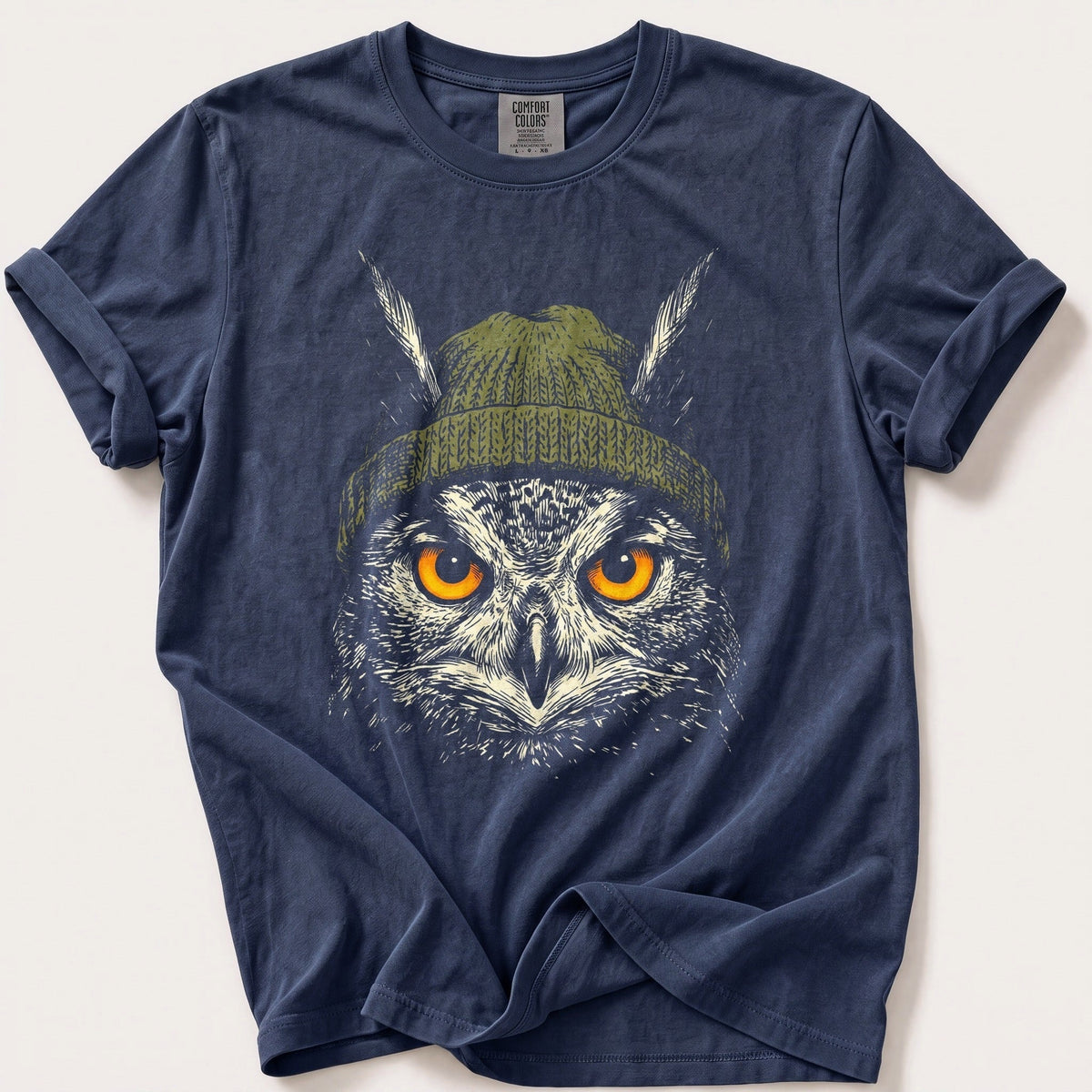 Woodland Owl Beanie 7 — Navy Comfort Colors tee