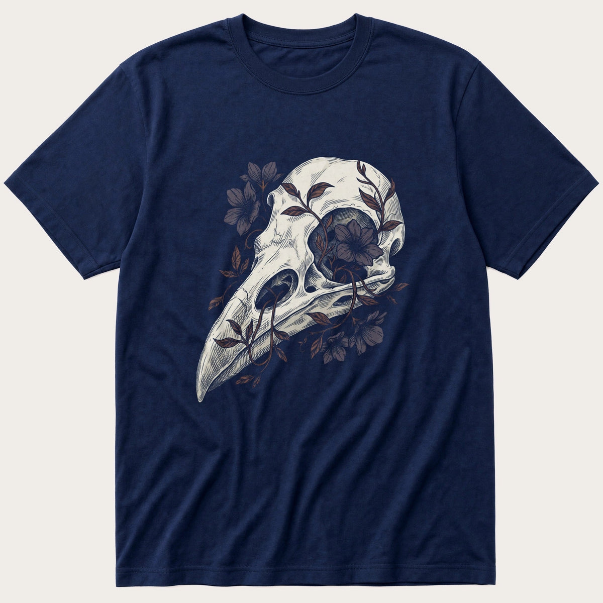 Bird Skull with Florals — Navy T-Shirt