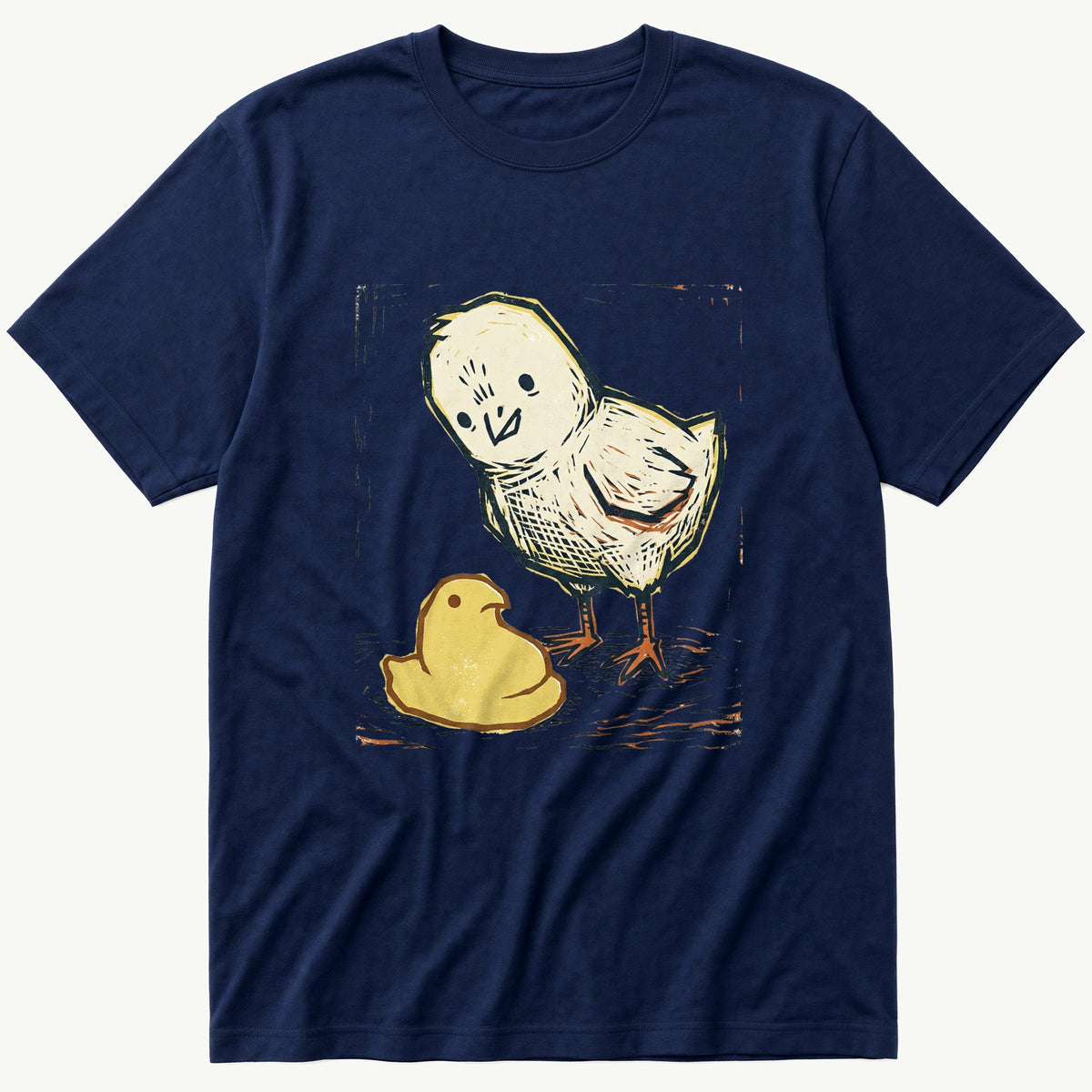 Chick Peep Woodcut — Navy T-Shirt